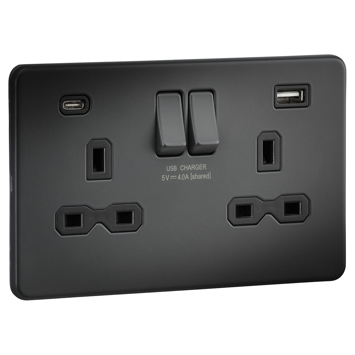 13A 2 Gang Screwless Type A/C USB Socket with 2 x USB - 4A - Anthracite/Black - view 2
