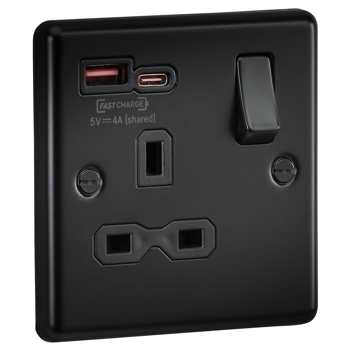13A 1 Gang Round Edge Type A/C 18W USB Socket with 2 x USB - 1.5A - Matt Black/Black - view 2