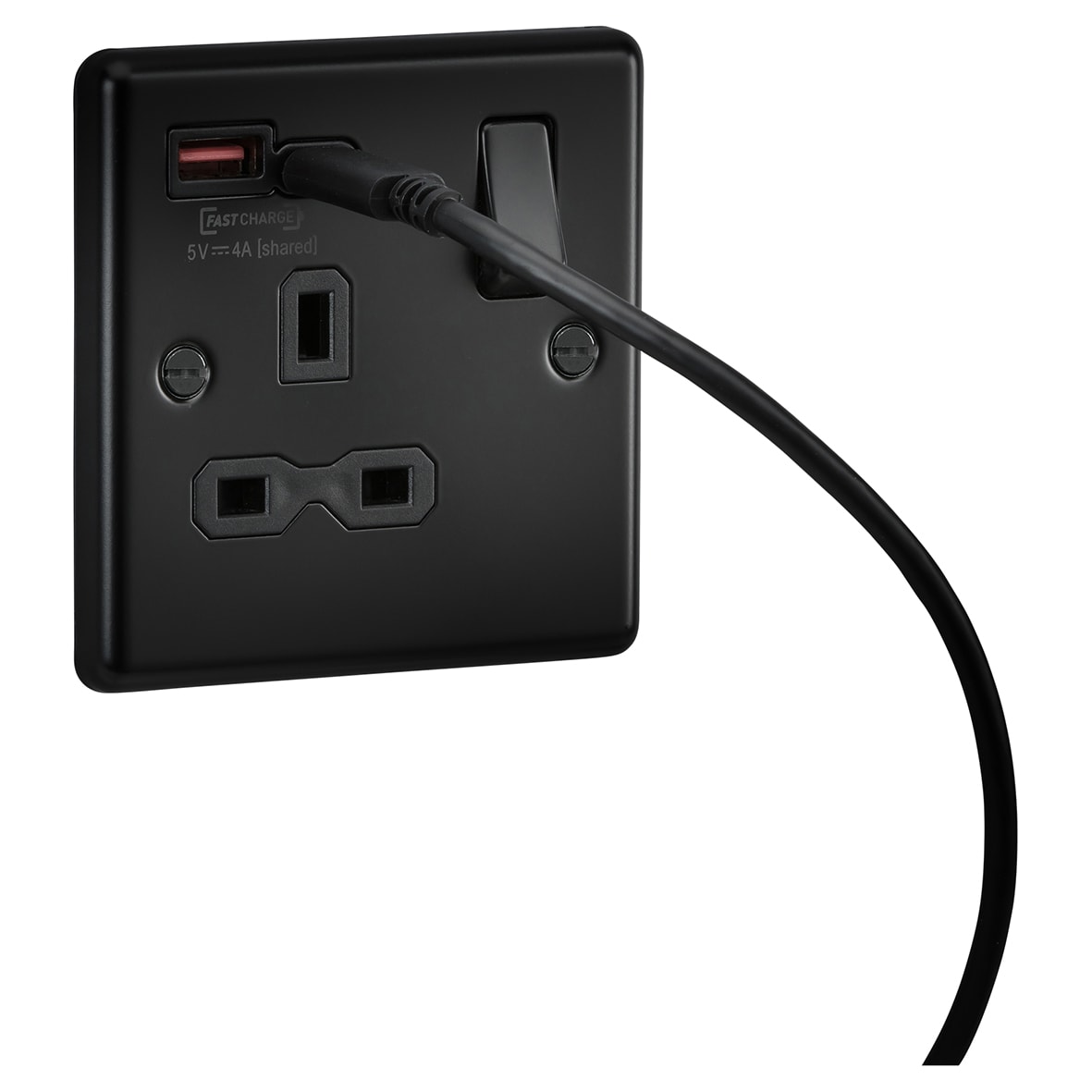 13A 1 Gang Round Edge Type A/C 18W USB Socket with 2 x USB - 1.5A - Matt Black/Black - view 3