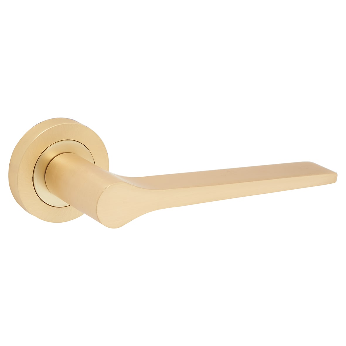 Satin Brass Fire Rated Door Handles on Round Rose - Geo Range - view 2