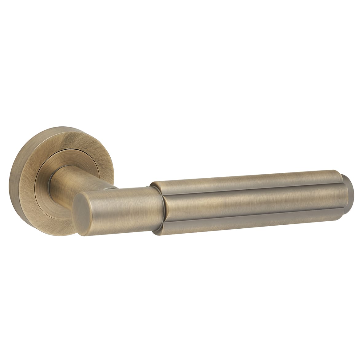 Antique Brass Fire Rated Fluted Door Handles on Round Rose - Bloom Range - view 2