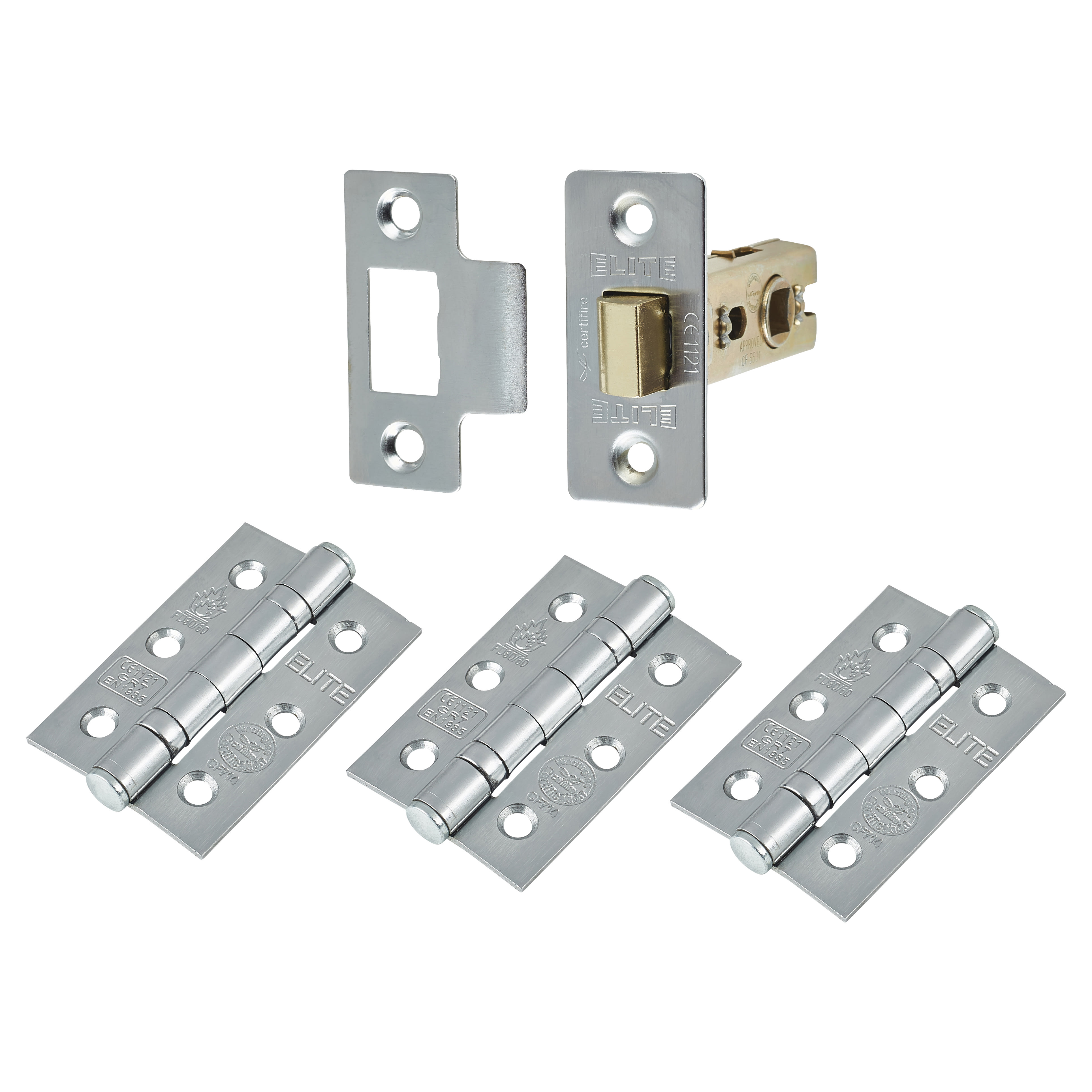 Tubular Latch Pack - 57mm Backset - 3 x Fire Rated Ball Bearing Hinges - Satin Chrome - view 2