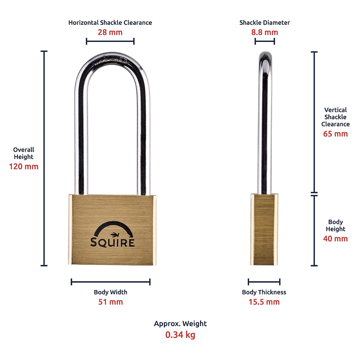 Lion Open Long Shackle Padlock - 50mm Body - 65 x 28mm Shackle - Brass - view 5
