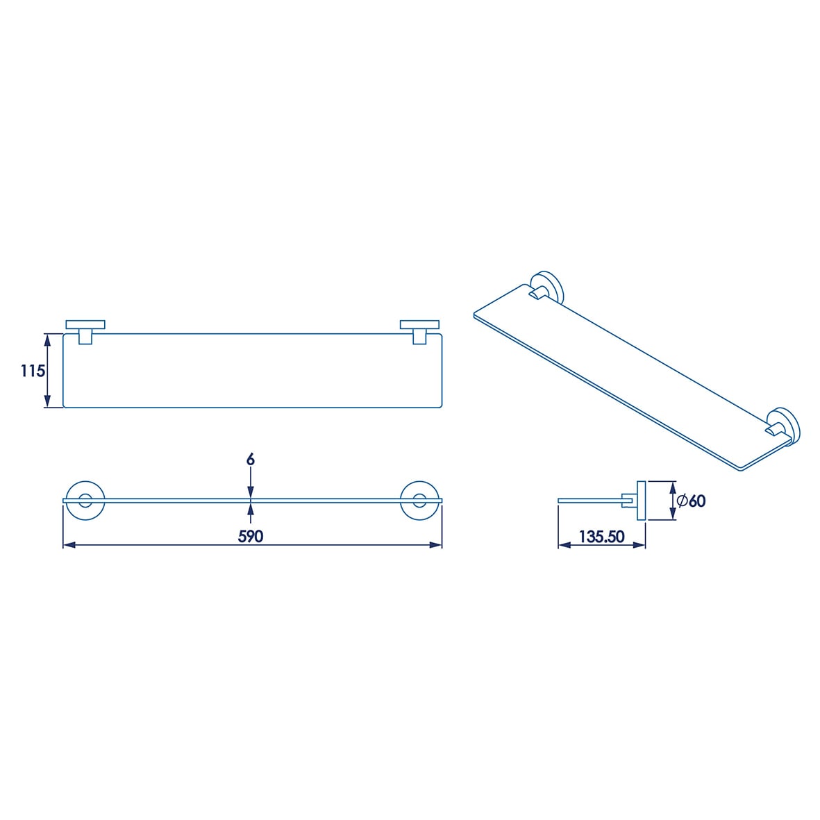 Epsom Flexi-Fix Glass Shelf - 590 x 135.5 x 60mm - Polished Chrome - view 7