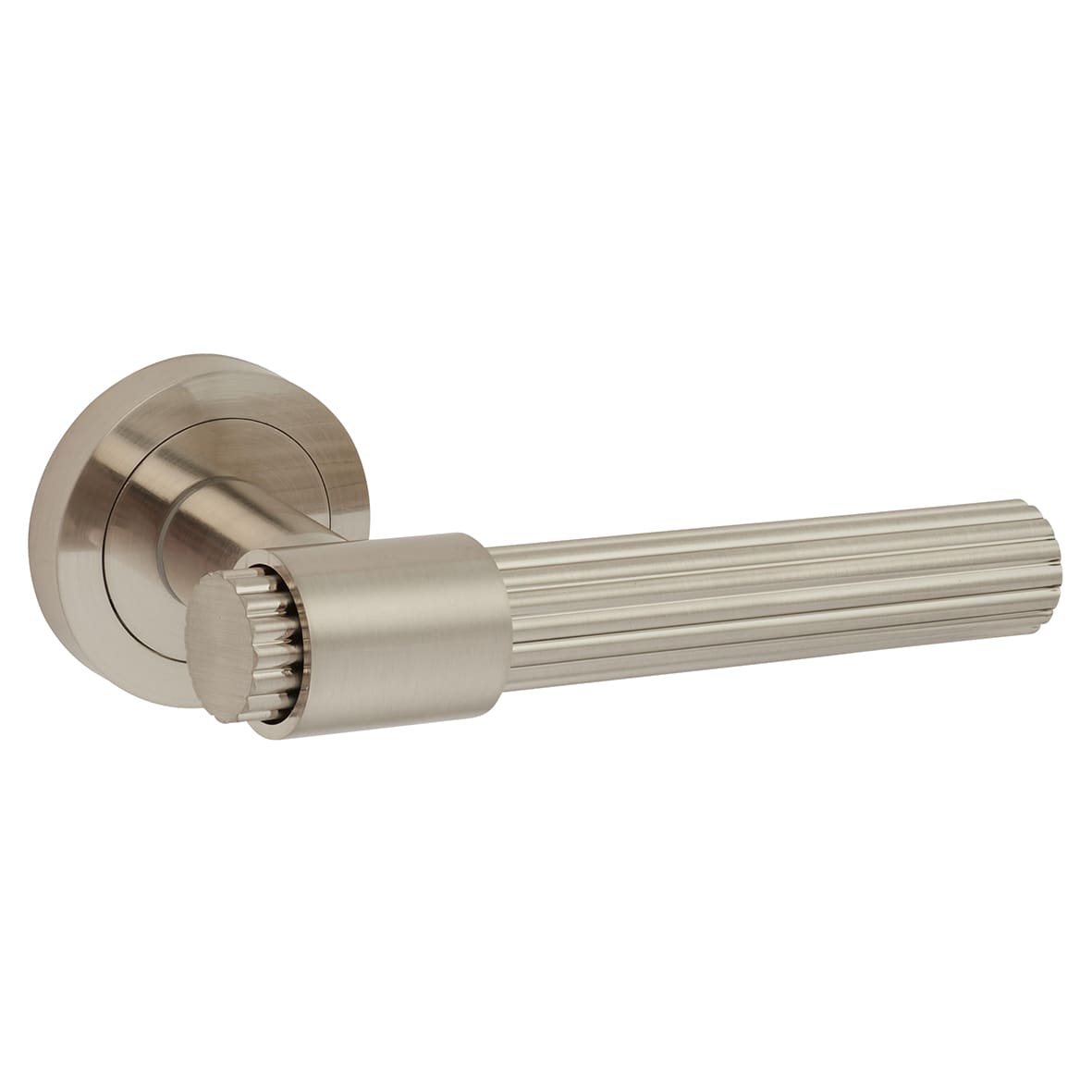 Satin Nickel Lines Door Handles on Round Rose - Eva Range - view 2
