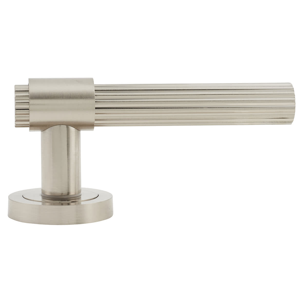 Satin Nickel Lines Door Handles on Round Rose - Eva Range - view 3