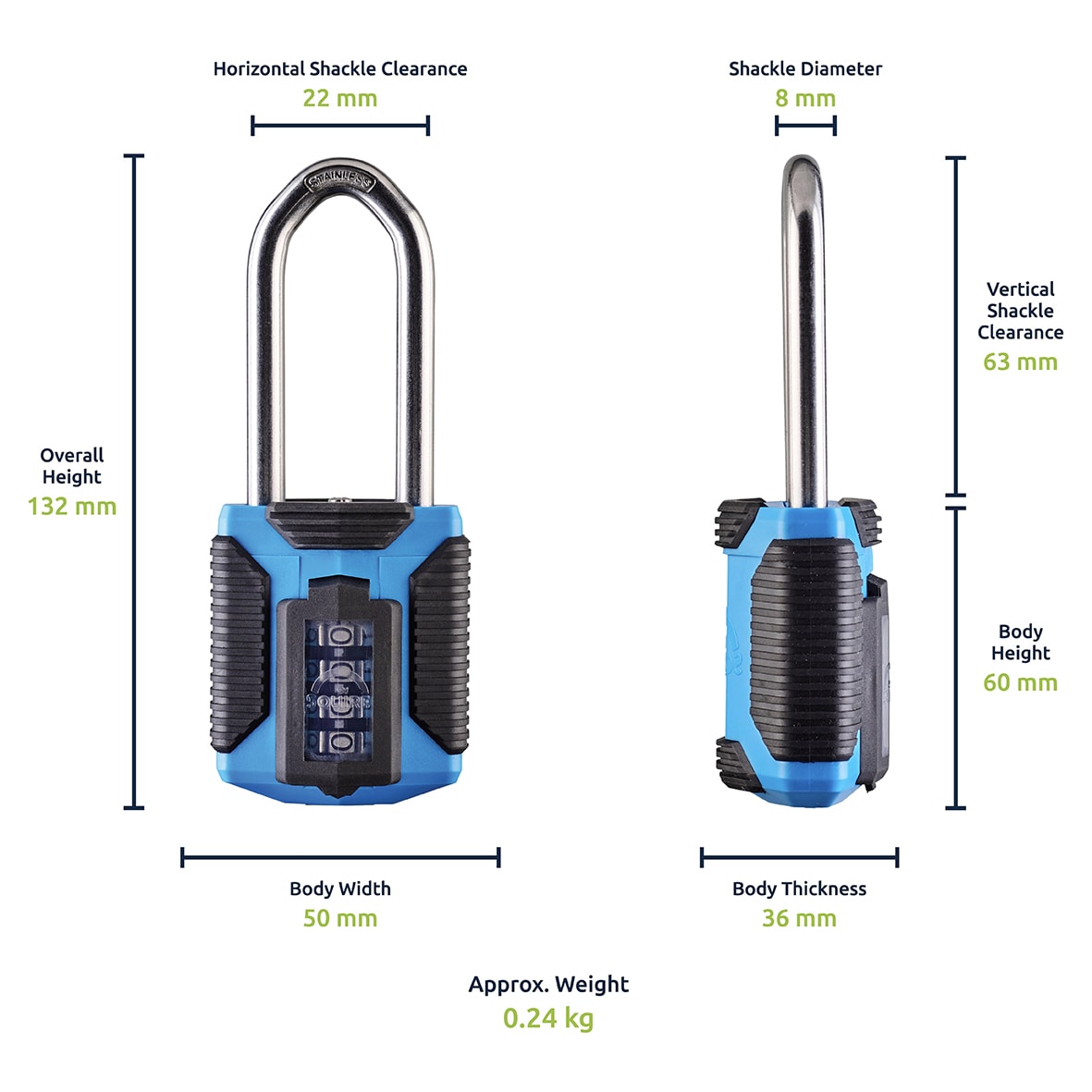 Marine Grade Combination Long Shackle Padlock - 50mm Body - 63 x 22mm Shackle - Blue - view 4