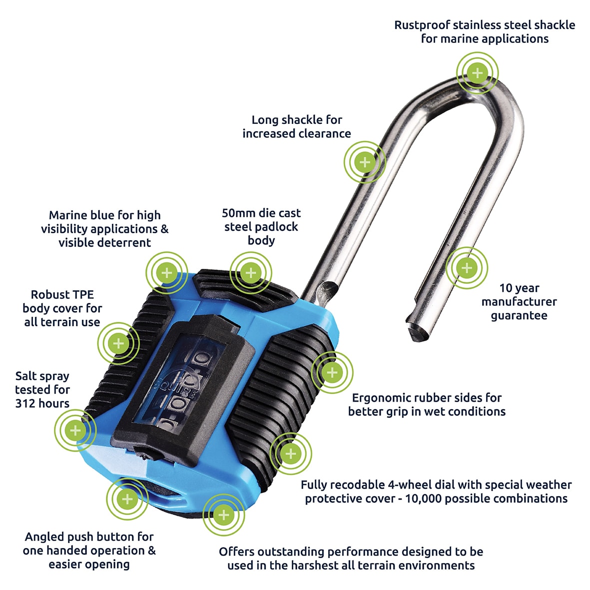 Marine Grade Combination Long Shackle Padlock - 50mm Body - 63 x 22mm Shackle - Blue - view 5