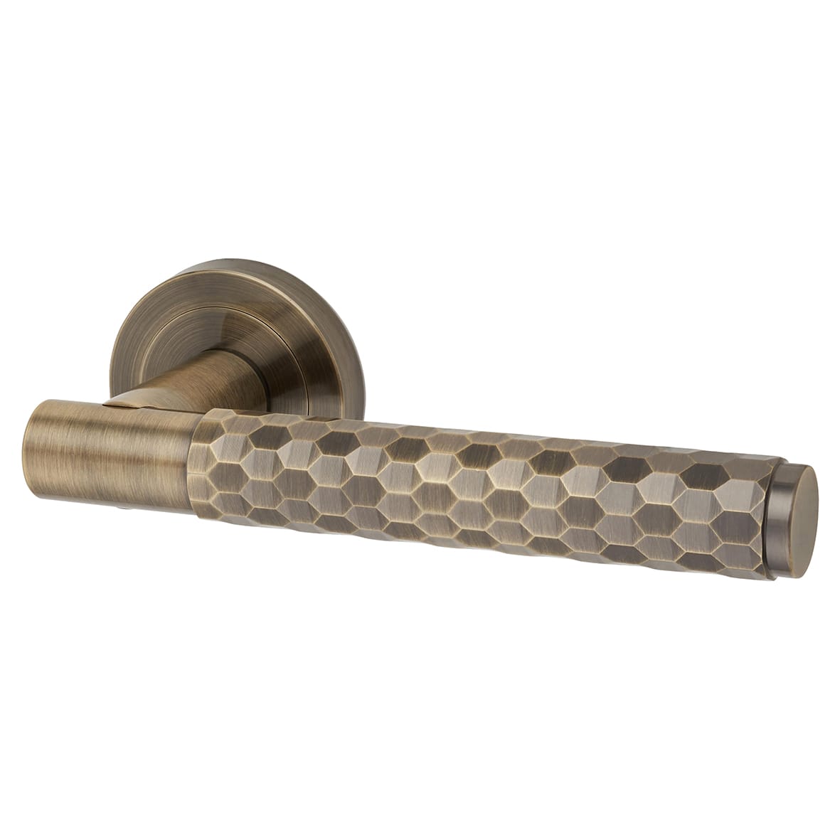 Antique Brass Honeycomb Door Handles on Round Rose - Cara Range - view 2