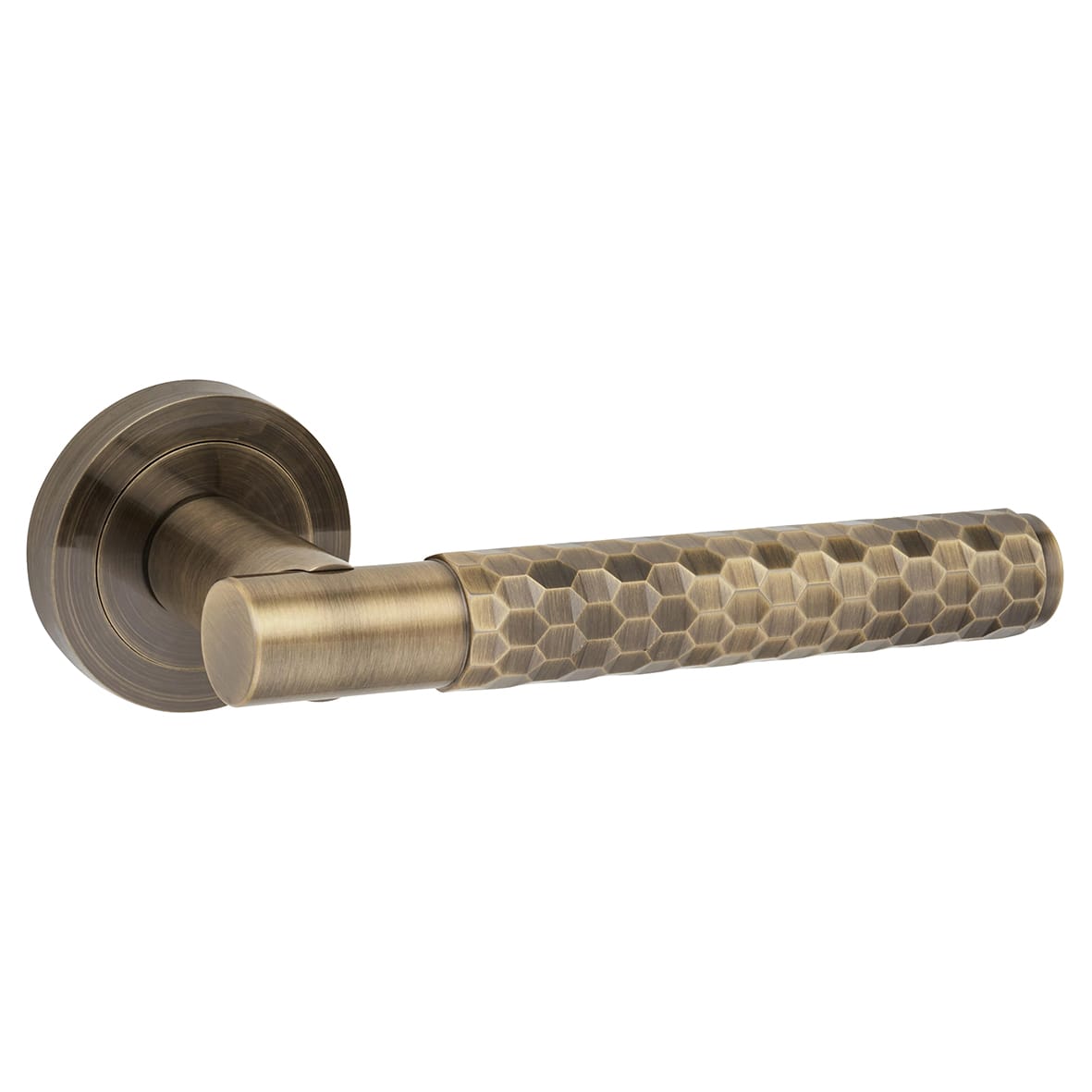Antique Brass Honeycomb Door Handles on Round Rose - Cara Range - view 3