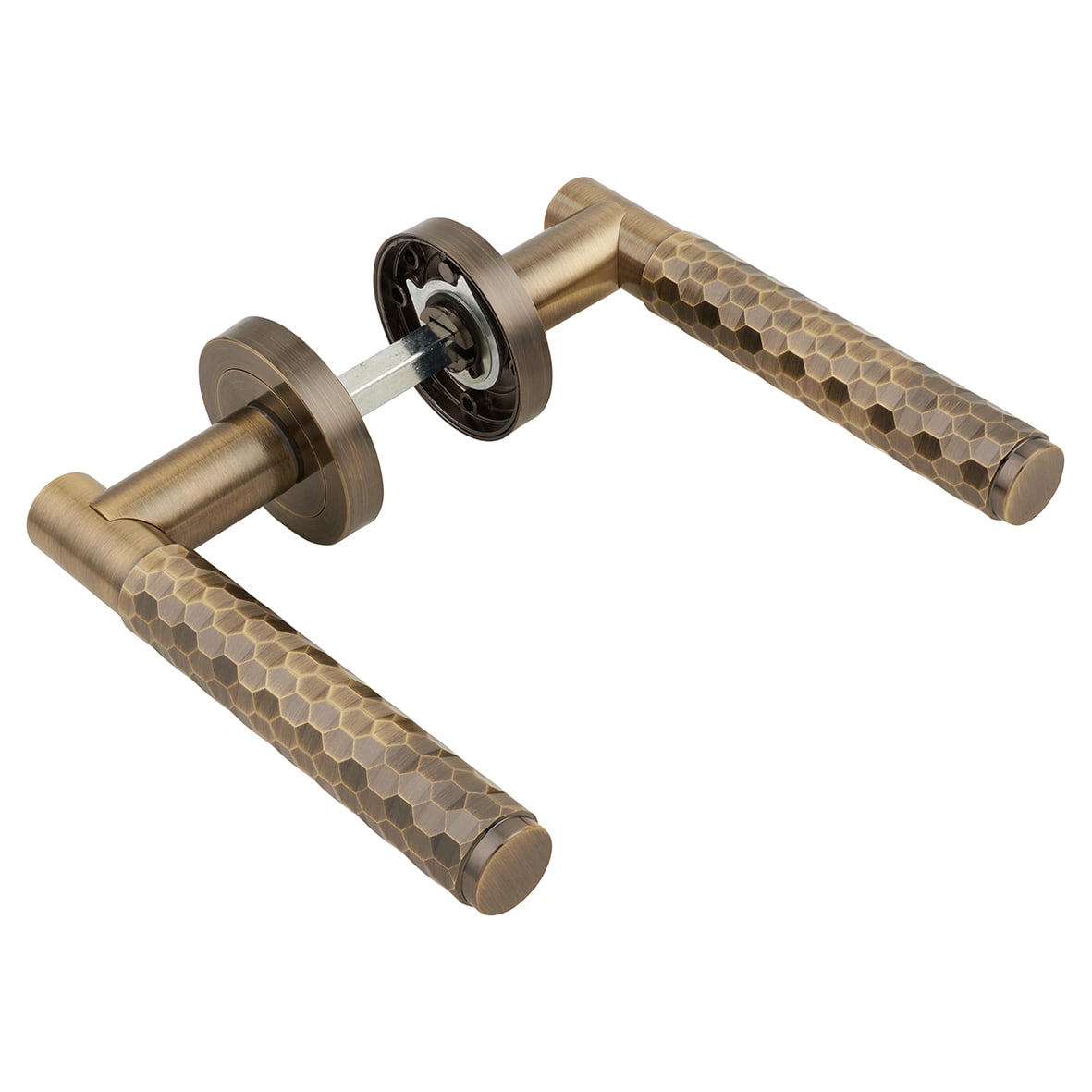 Antique Brass Honeycomb Door Handles on Round Rose - Cara Range - view 6