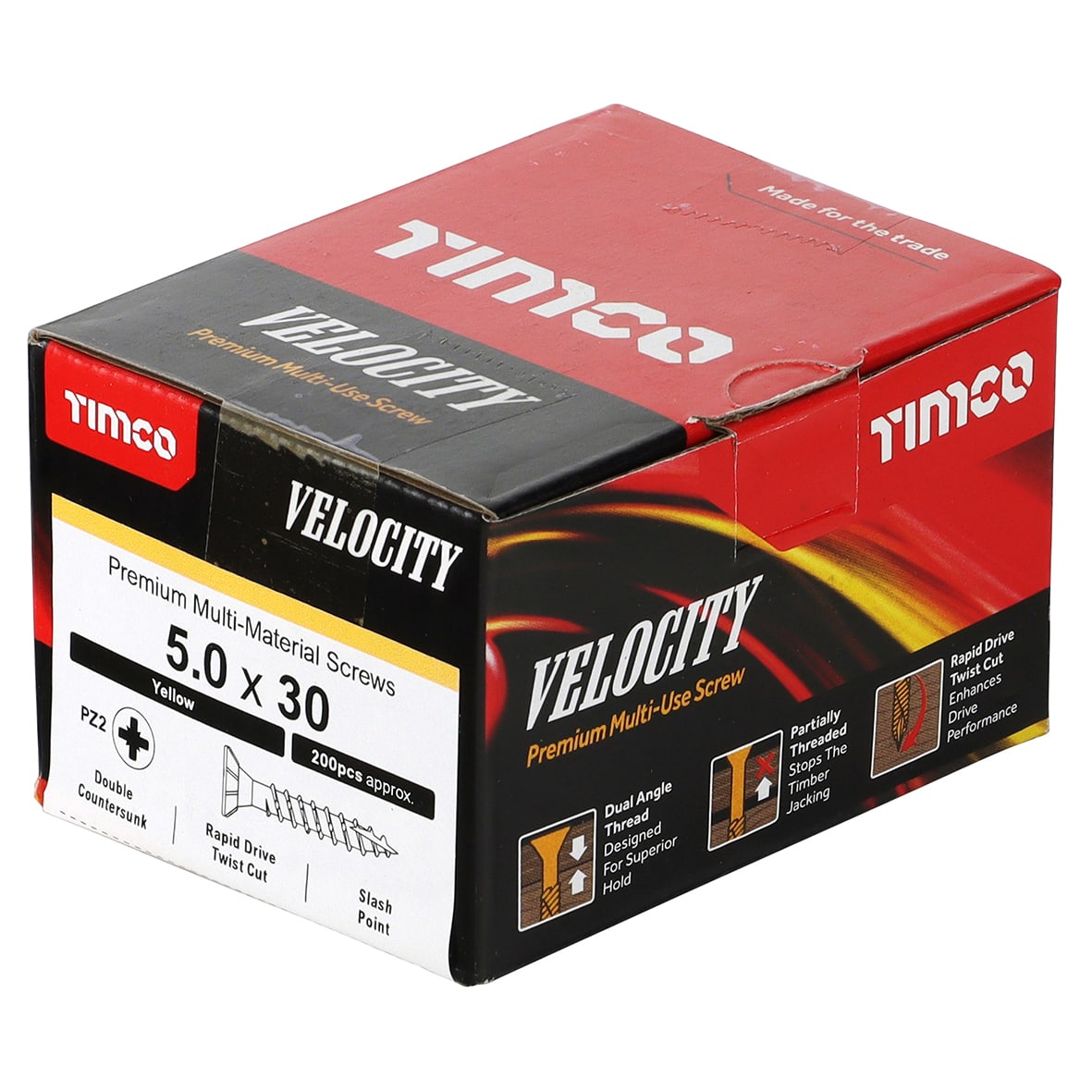 Velocity Pozi Countersunk Wood Screws - 5.0 x 30mm - Yellow Zinc - Pack of 200 - view 3