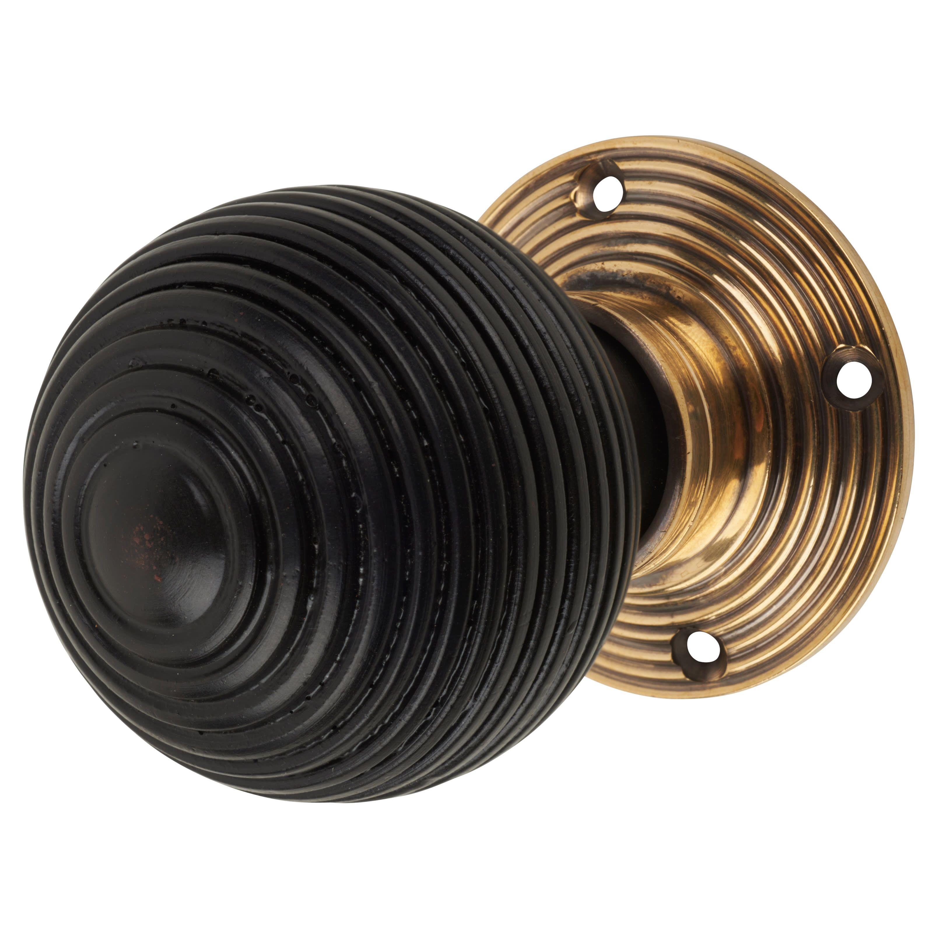 Ebony Knob & Antique Brass Rose Beehive Mortice Door Knob - 58mm Rose Diameter - view 2
