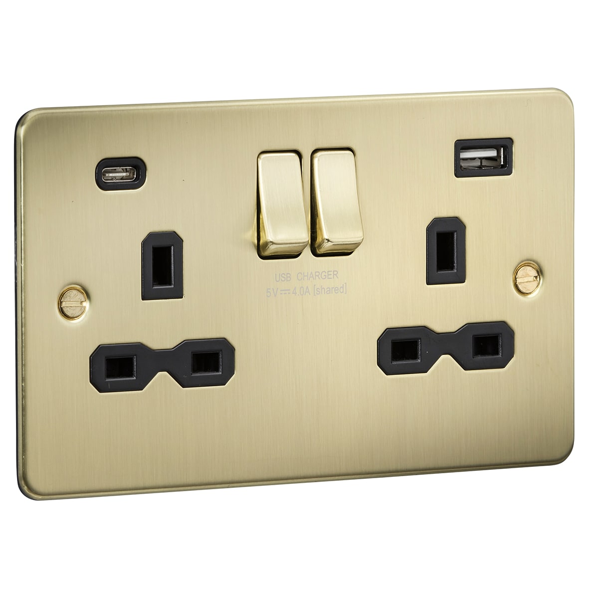 13A 2 Gang Flat Plate Type A/C USB Socket with 2 x USB - 4A - Brushed Brass/Black - view 2