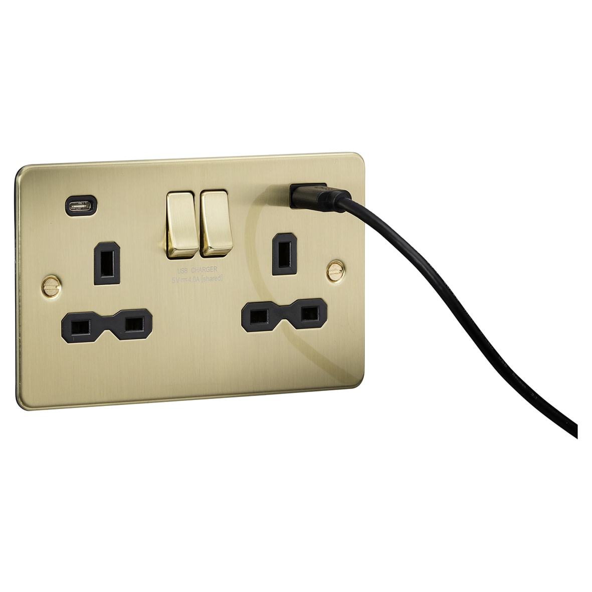 13A 2 Gang Flat Plate Type A/C USB Socket with 2 x USB - 4A - Brushed Brass/Black - view 3