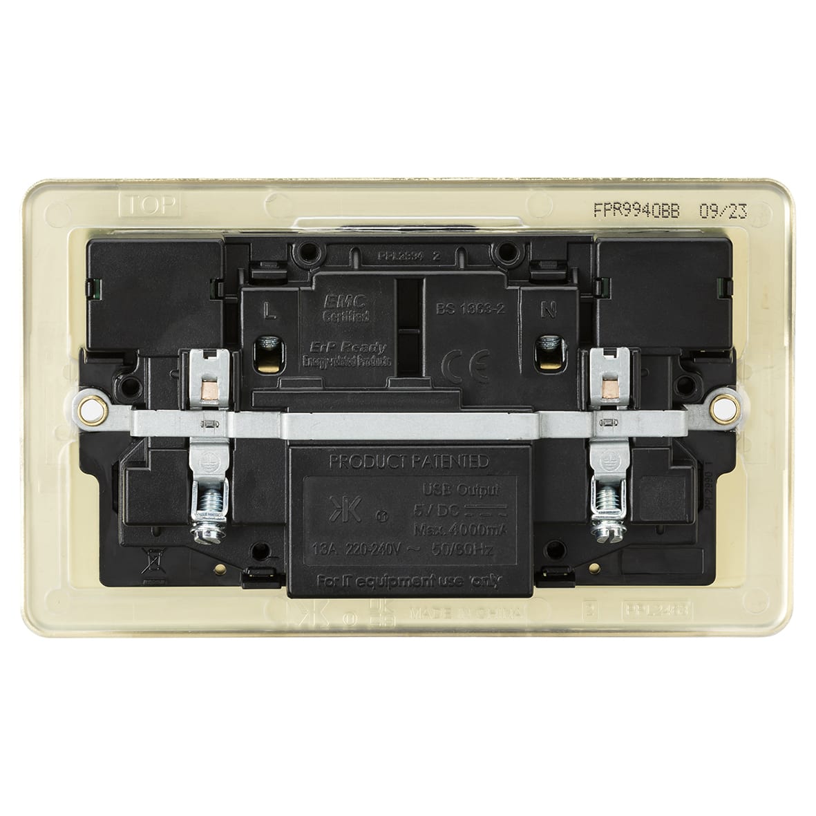 13A 2 Gang Flat Plate Type A/C USB Socket with 2 x USB - 4A - Brushed Brass/Black - view 5