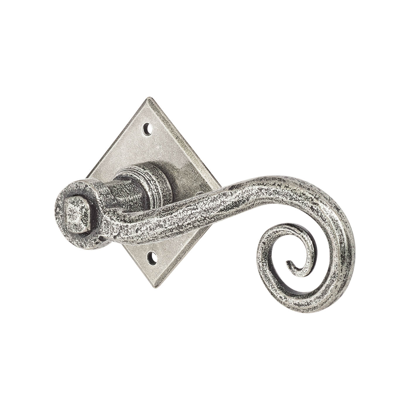 Pewter Monkey Tail Door Handles on Square Rose - view 2