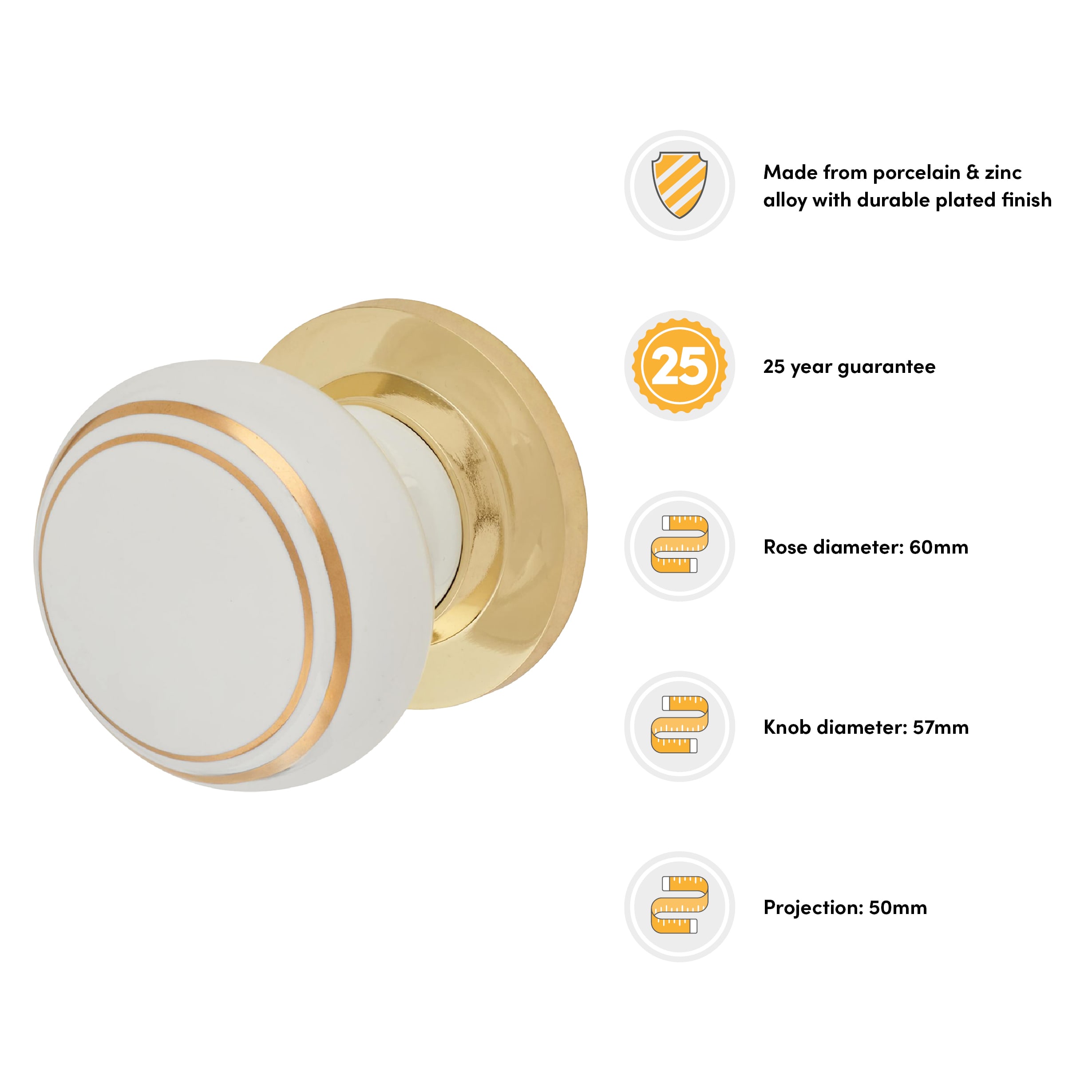 White and Gold Designer Porcelain Mortice/Rim Door Knob - 60mm Rose Diameter - view 3