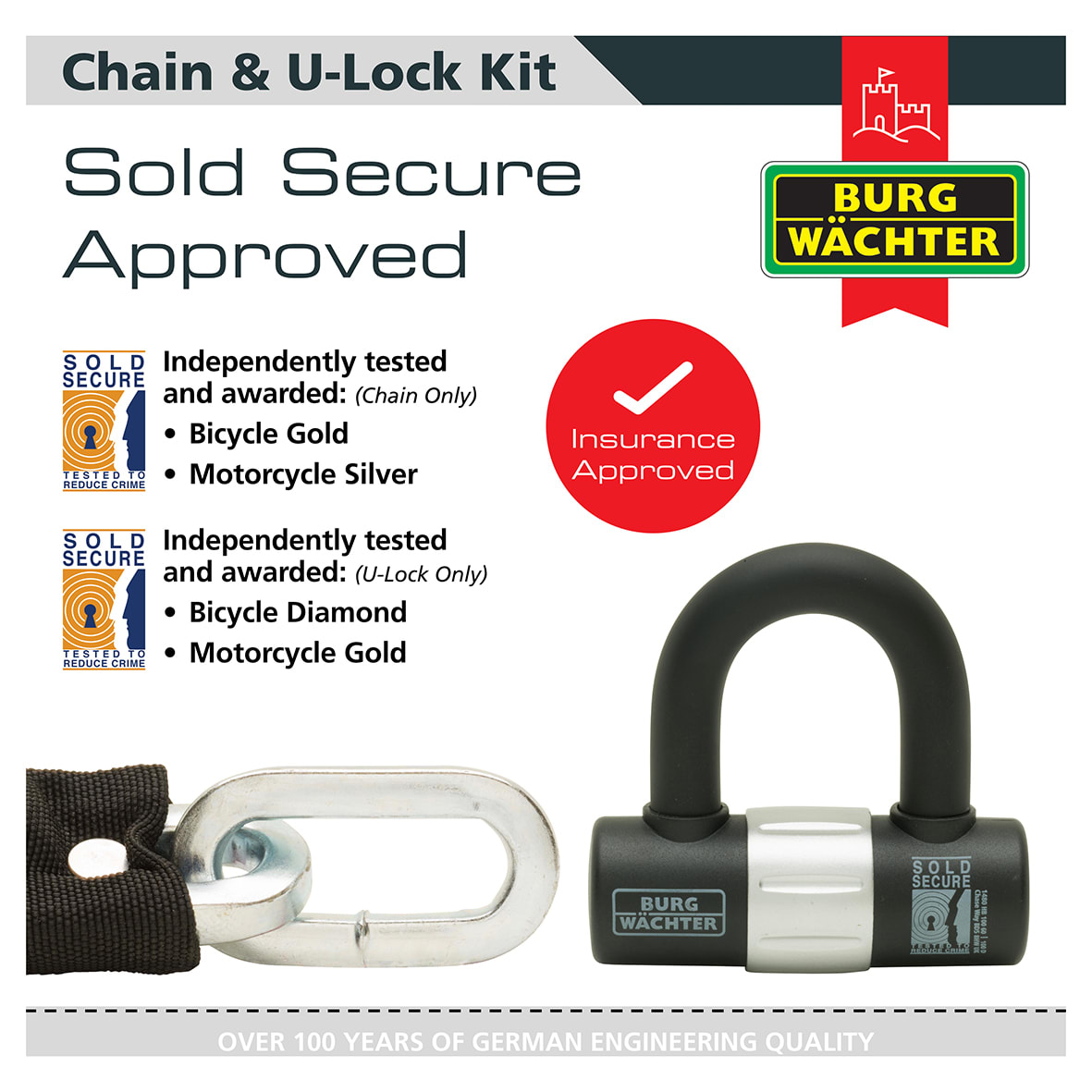Ground/Wall Anchor, 2m Chain & U-Lock/Padlock Security Kit - 108 x 55 x 53mm - Black - view 5
