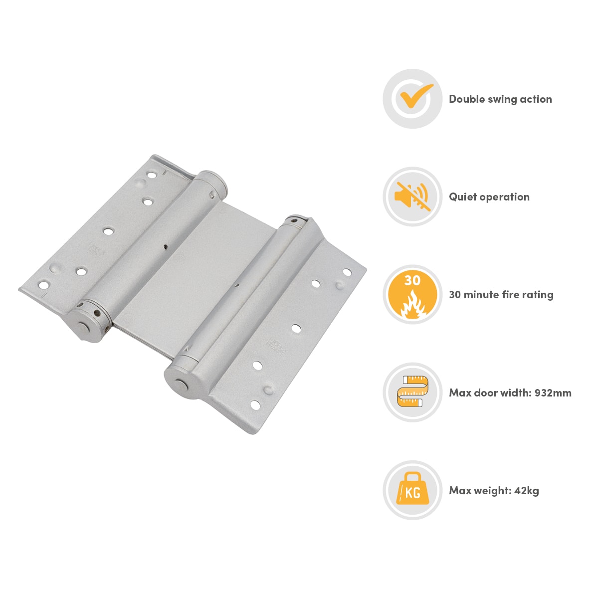 Double Action Self Closing Fire Door Spring Hinge - 150mm Length - FD30 - Silver - Pack of 3 - view 3