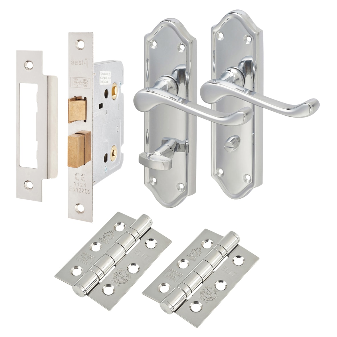 Polished Chrome Scroll Bathroom Lock Door Handles Pack - Ashmead Range - view 2