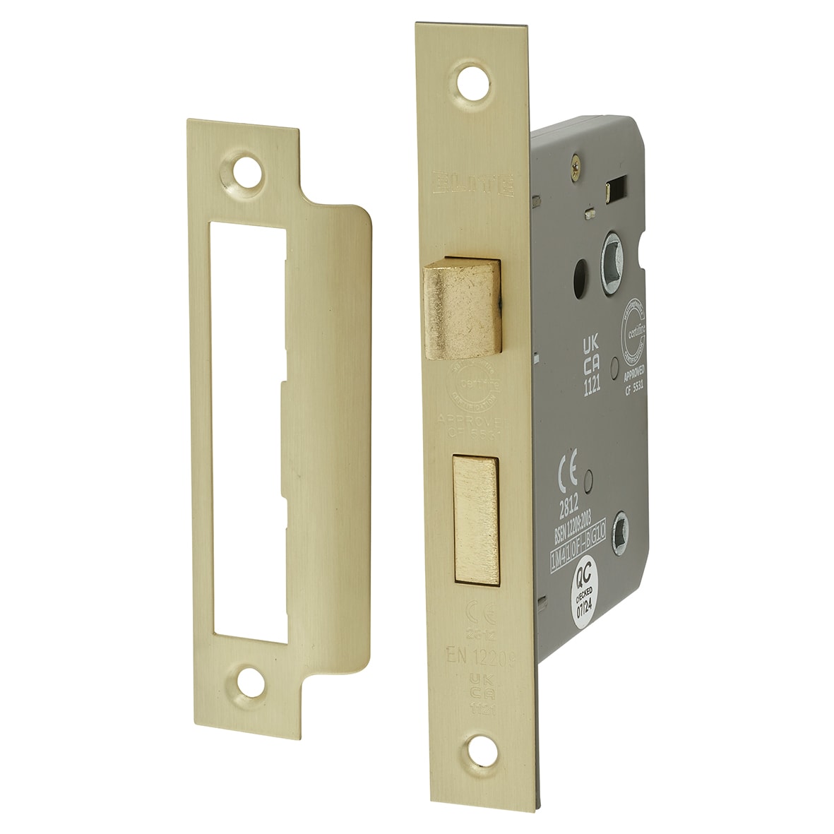 Satin Brass Knurled Bathroom Lock Door Handles on Rose Pack - Esme Range - view 4