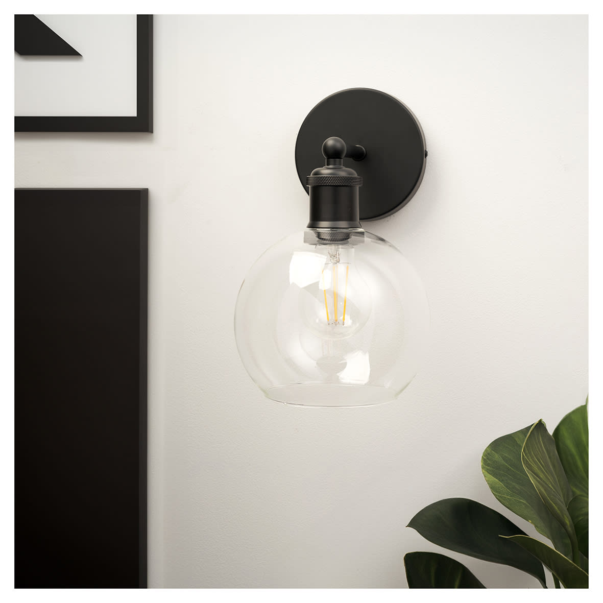 Divi Indoor Wall Light - Matt Black Fittings and Domed Clear Glass Shade - view 2