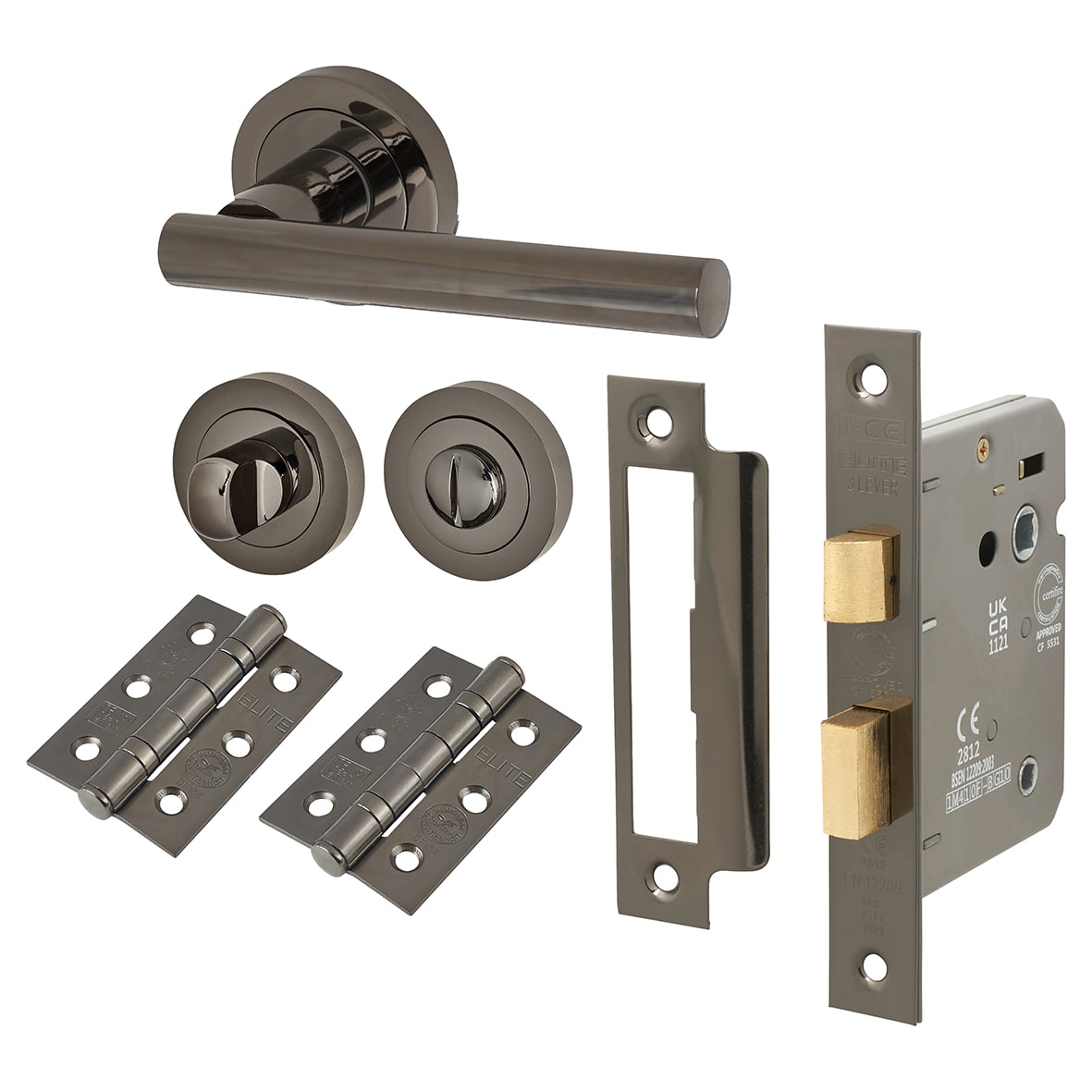 Black Nickel Bathroom Lock Door Handles on Rose Pack - Bella Range - view 2