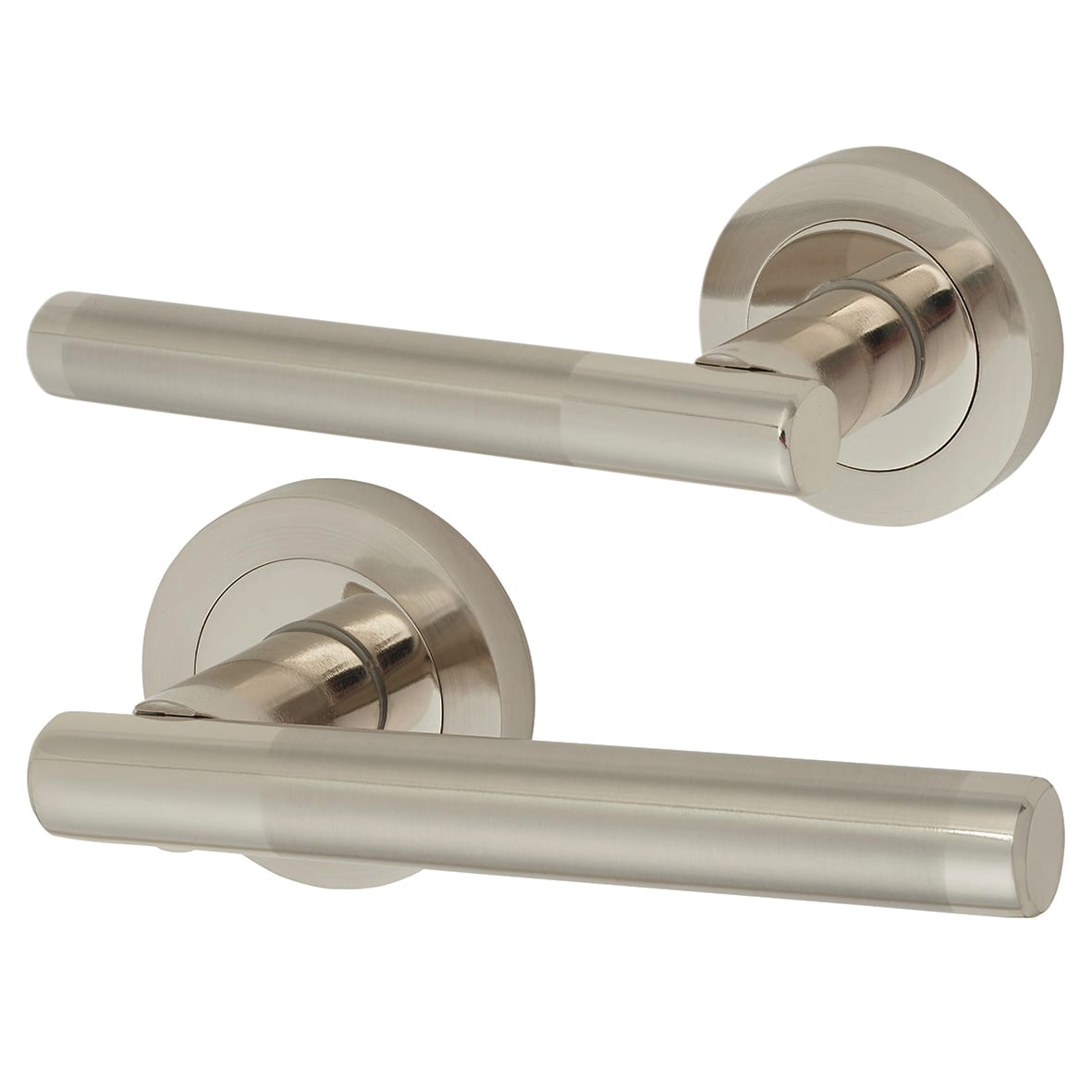 Polished/Satin Nickel Latch Door Handles on Rose Pack - Ella Range - view 2