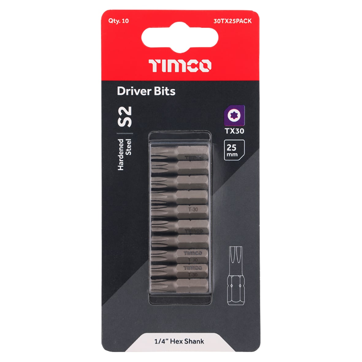 Steel Driver Bits - Torx - T30 - 25mm Length - Pack of 10 - view 3