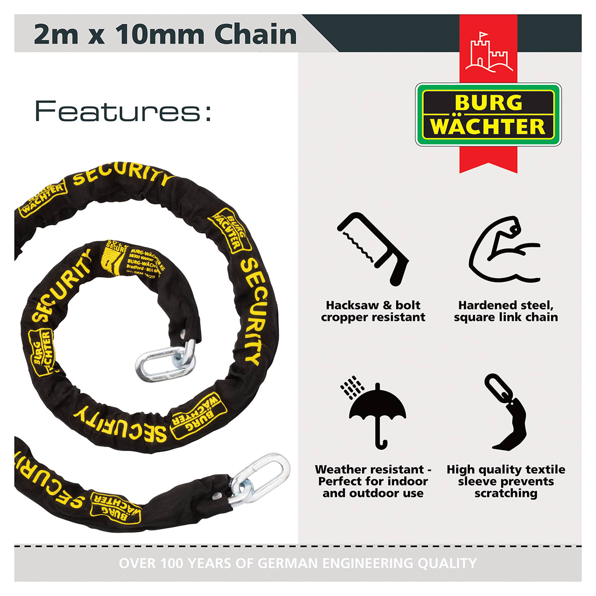 GKM Fabric Sleeve Hardened Square Link Security Chain - 10 x 2000mm - Black - view 2