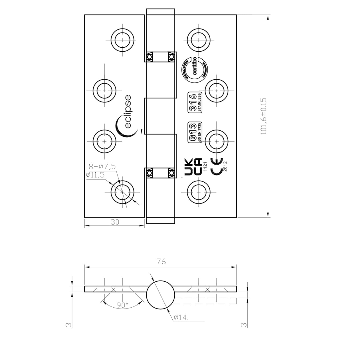 Ball Bearing Marine Grade Butt Fire Door Hinge - 102 x 76 x 3mm - Polished Stainless - Pair - view 3