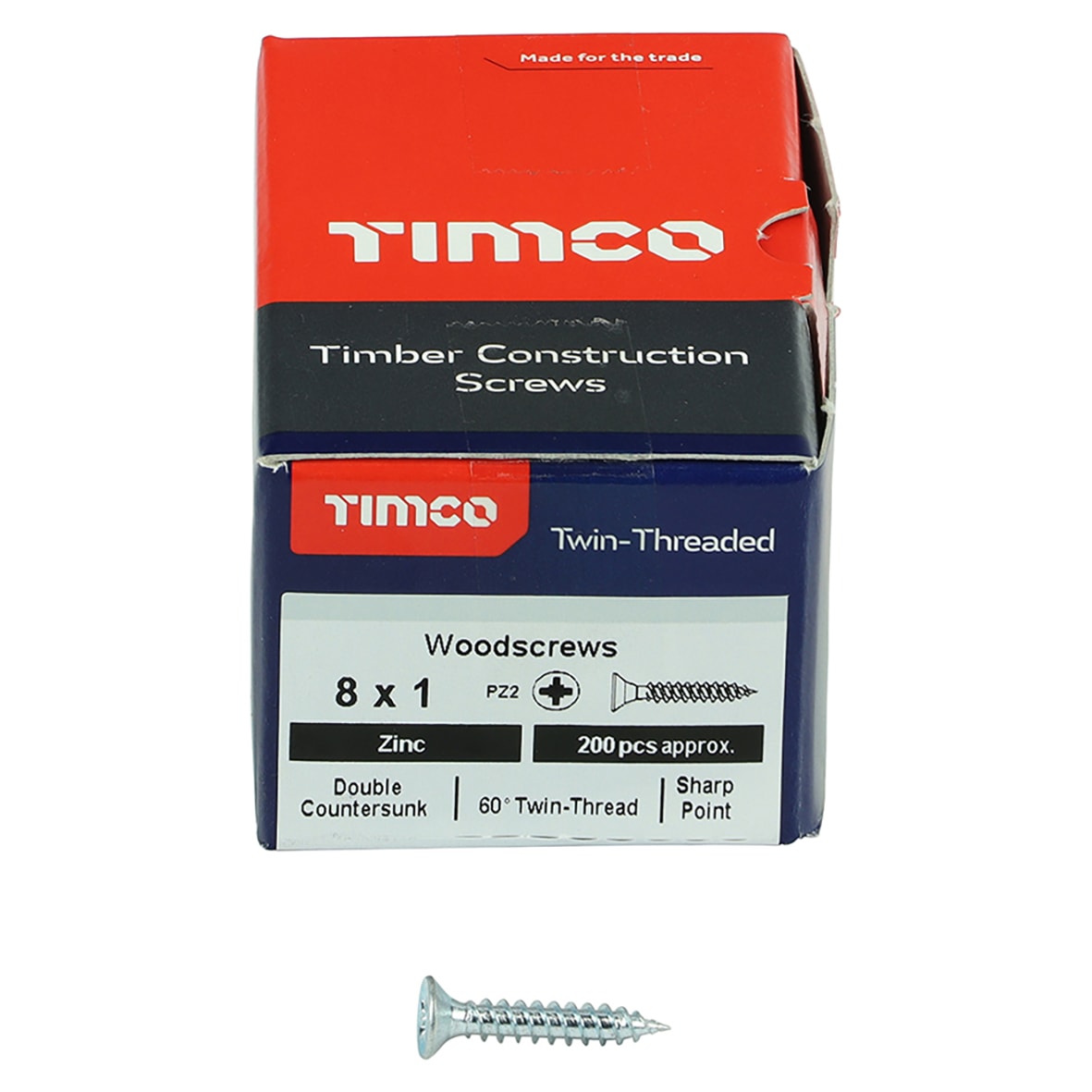 Twin Threaded Pozi Countersunk Wood Screws - 8 x 1" - Zinc Plated - Pack of 200 - view 2