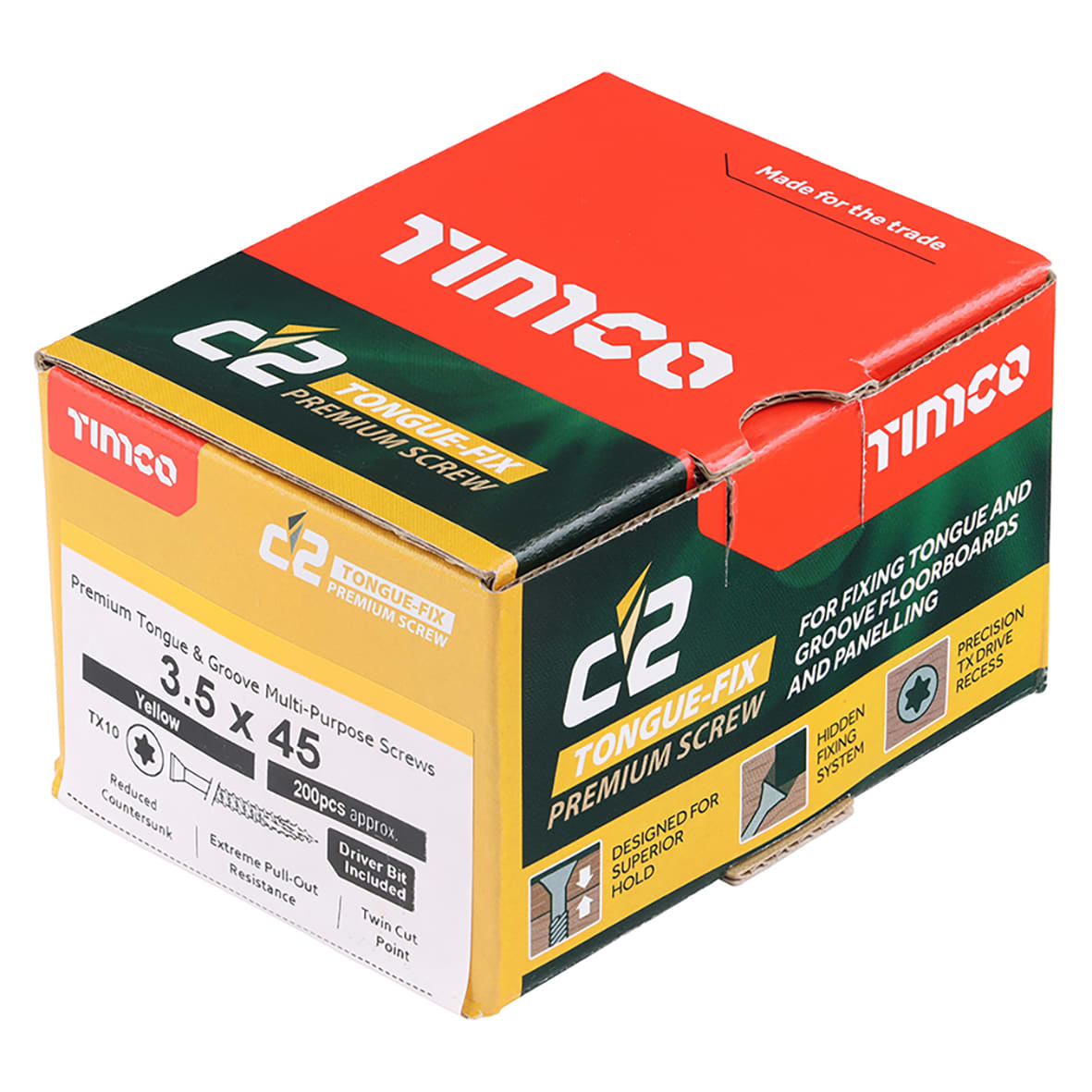 C2 Tongue-Fix Torx Countersunk Wood Screws - 3.5 x 45mm - Yellow Zinc - Pack of 200 - view 2