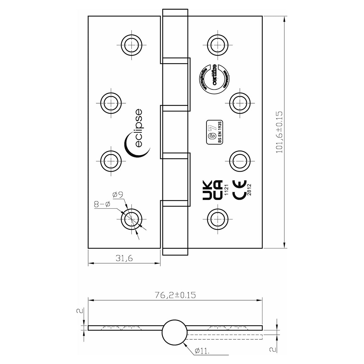 Slim Knuckle Grade 7 Washered Butt Fire Door Hinge - 102 x 76 x 2mm - Pol Stainless - Pair - view 3
