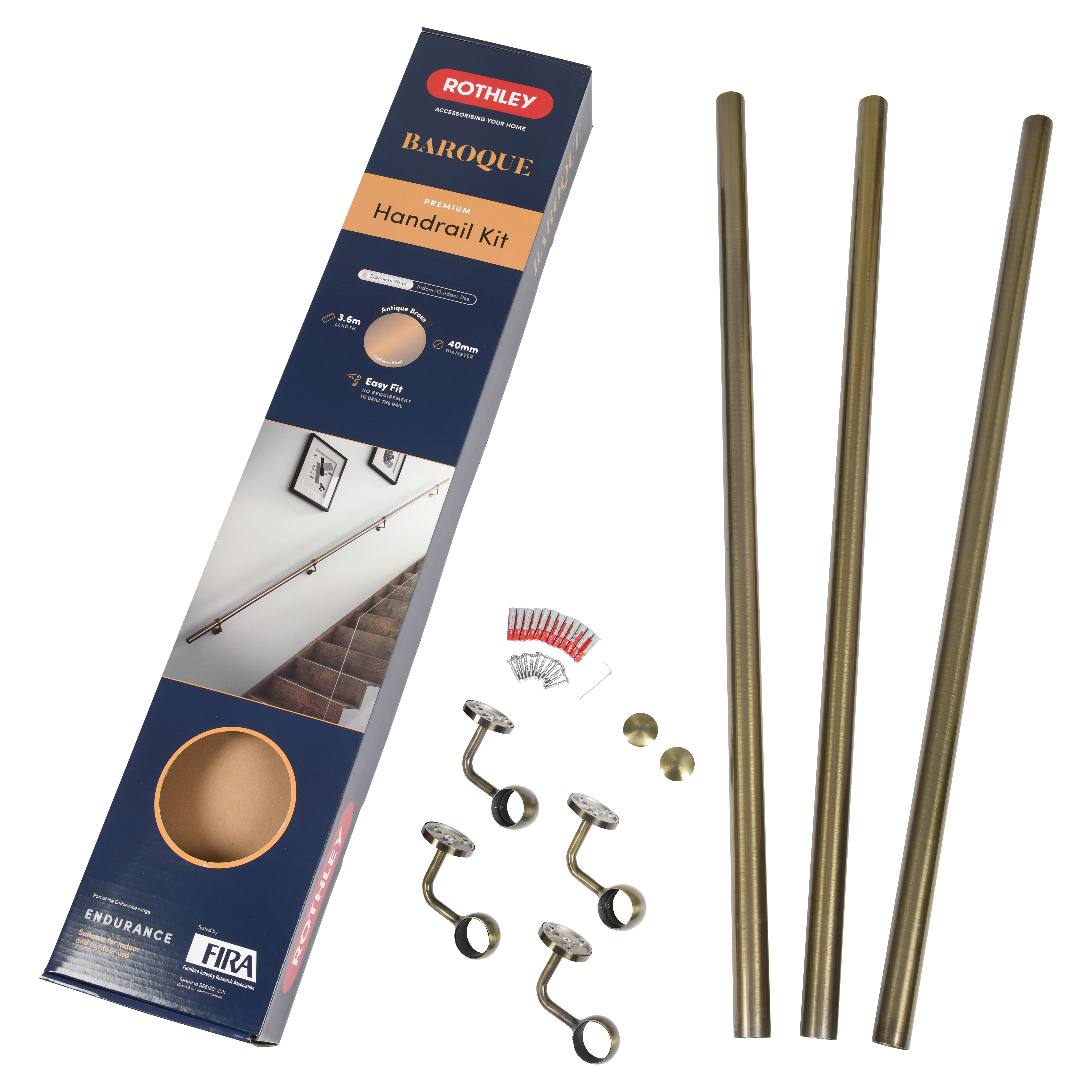 40mm Handrail Banister Staircase Rail Support Kit - 3600mm Length - Antique Brass - view 4