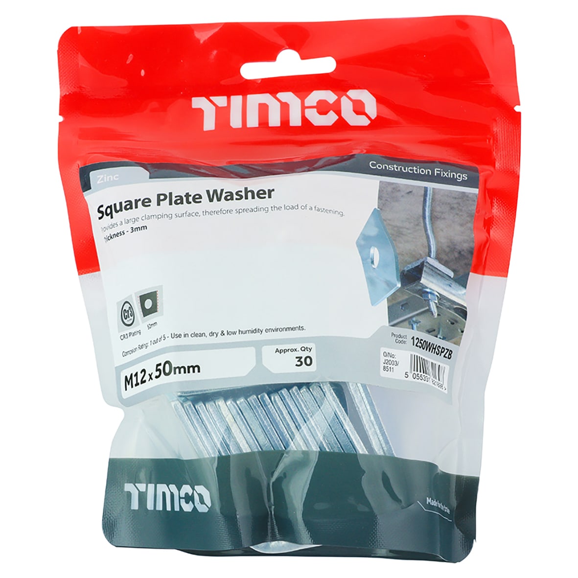 Square Plate Washer - M12 x 50mm - Zinc Plated - Pack of 30 - view 2