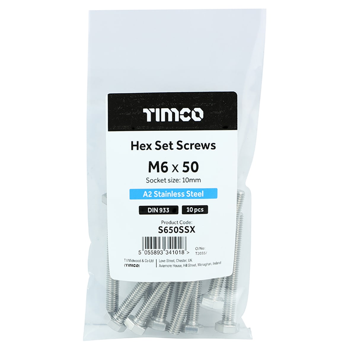 Hex Set Screw - M6 x 50mm - A2 Stainless Steel - Pack of 10 - view 3