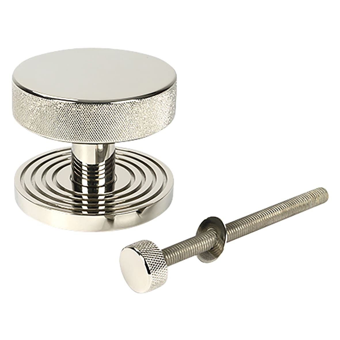 Brompton Polished Nickel Round Knurled Centre Door Knob on Beehive Rose - 90mm Rose Diameter - view 2