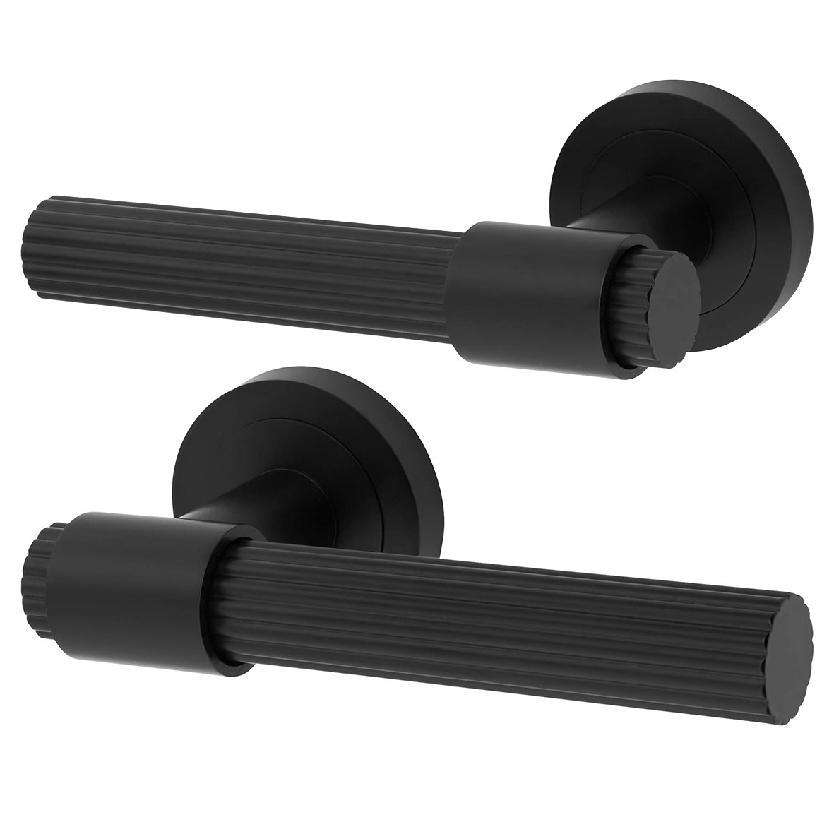 Matt Black Lines Bathroom Lock Door Handle on Rose Pack - Eva Range - view 2