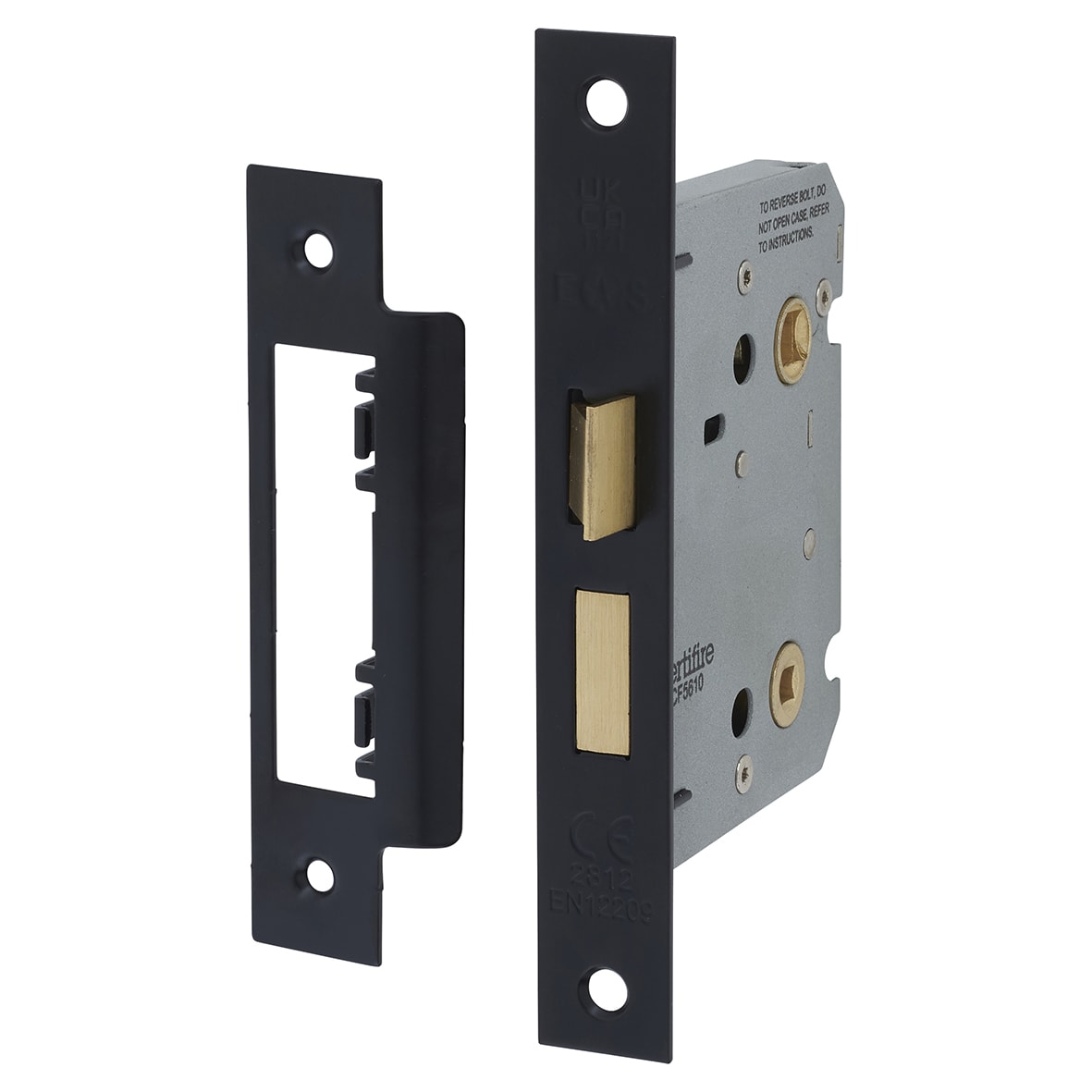 Matt Black Lines Bathroom Lock Door Handle on Rose Pack - Eva Range - view 4
