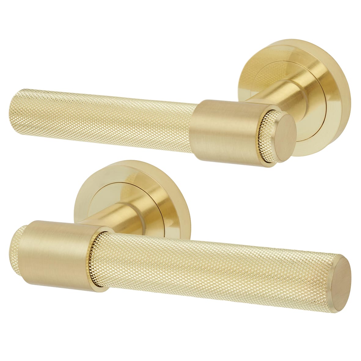 Satin Brass Knurled 3 Lever Sashlock Door Handles on Rose Pack - Esme Range - view 2