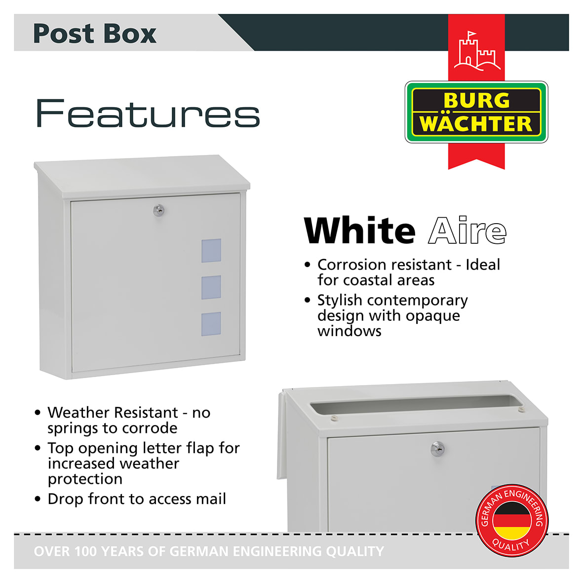 Aire Postbox - 370 x 364 x 114mm - White - view 7