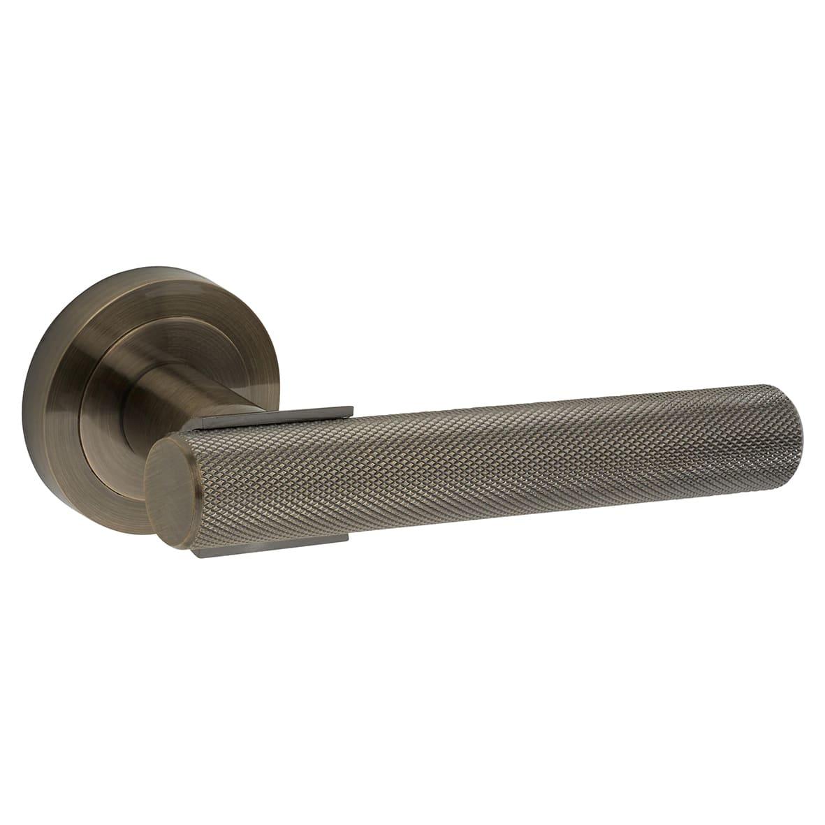 Antique Brass Knurled Door Handles on Round Rose - Orla Range - view 2