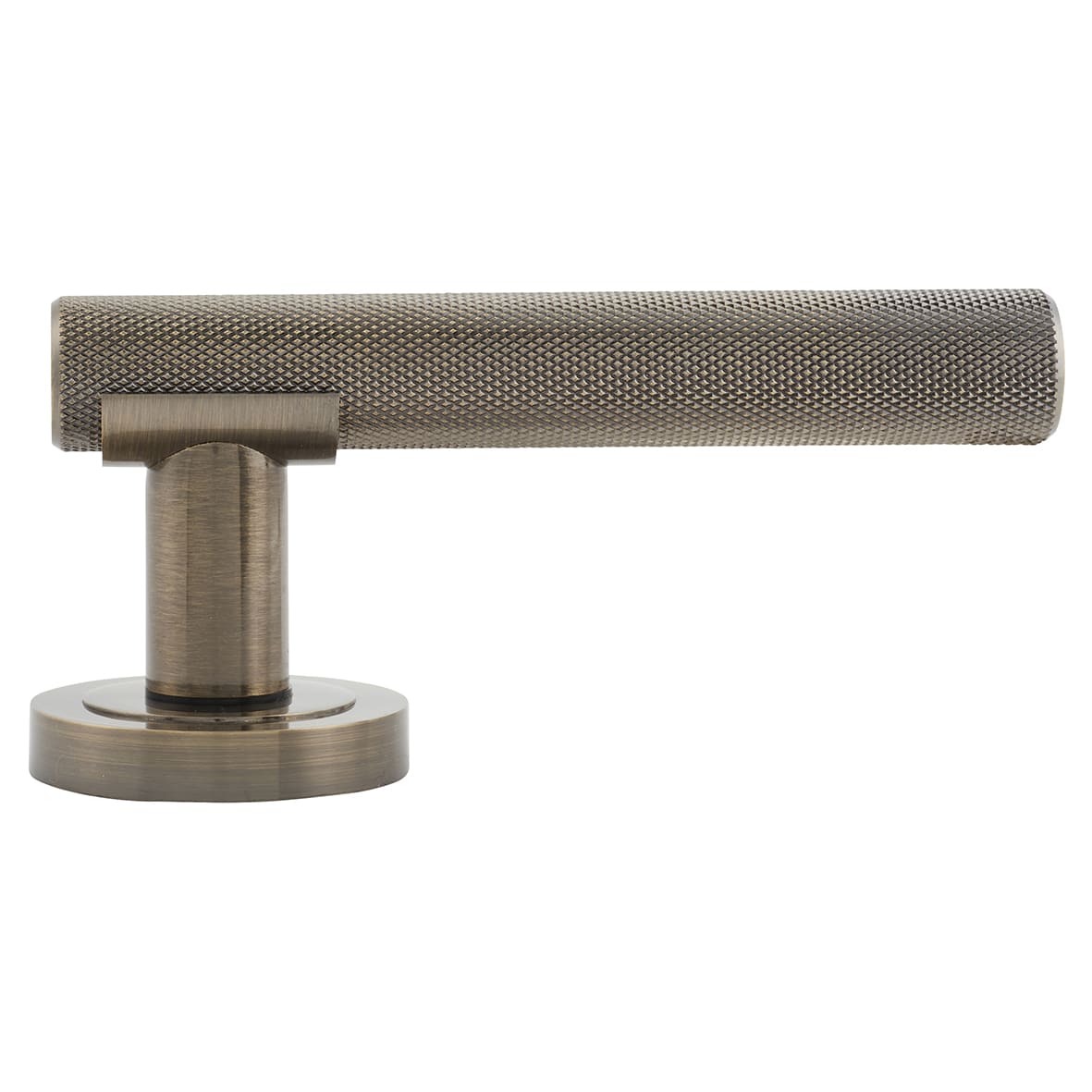 Antique Brass Knurled Door Handles on Round Rose - Orla Range - view 3