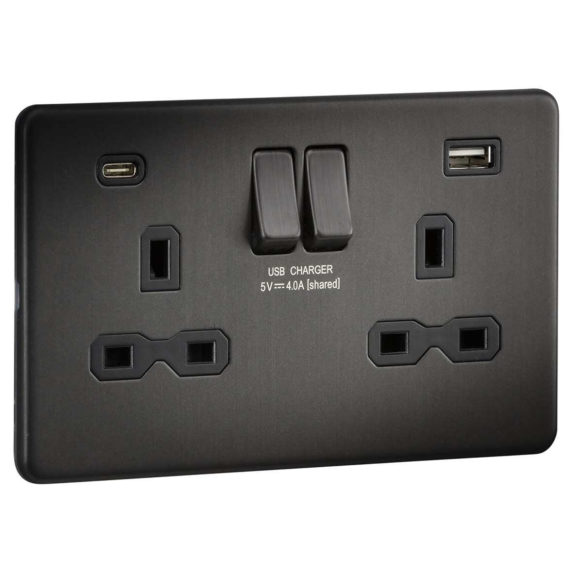 13A 2 Gang Screwless Type A/C USB Socket with 2 x USB - 4A - Smoked Bronze/Black - view 2