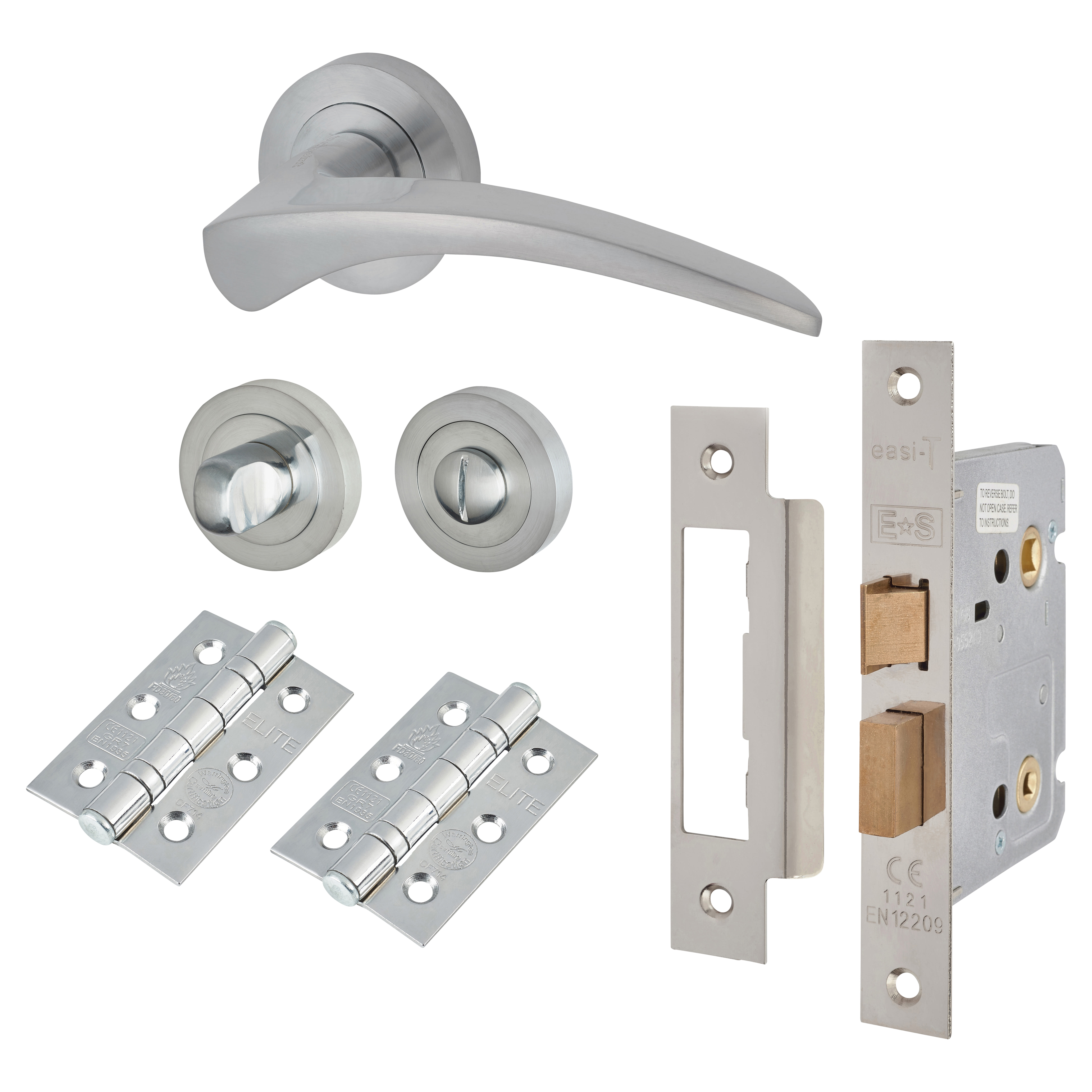 Satin Chrome Bathroom Lock Door Handles on Rose Pack - Aston Range - view 2