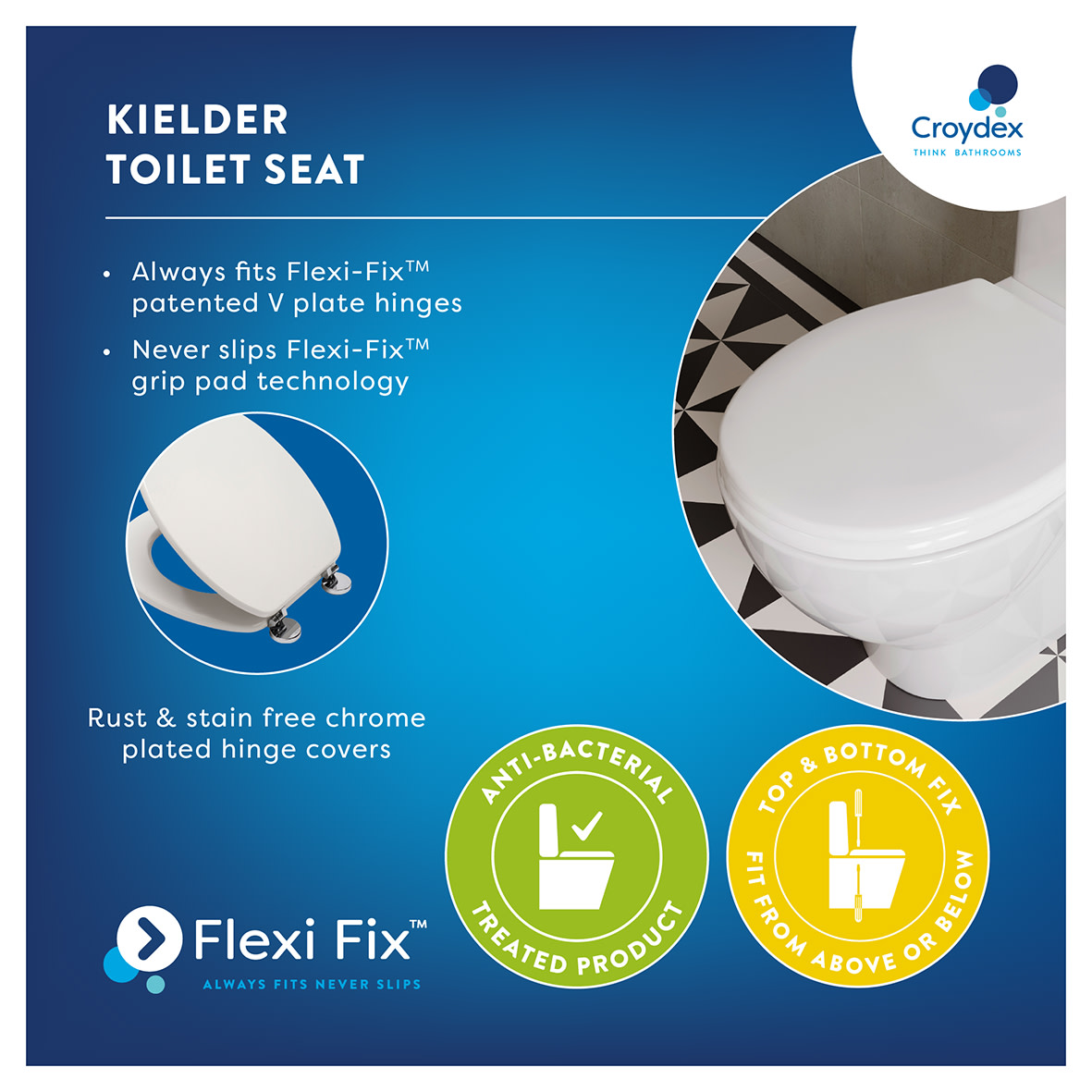 Kielder Flexi-Fix Standard Close Wooden Toilet Seat - White - view 5