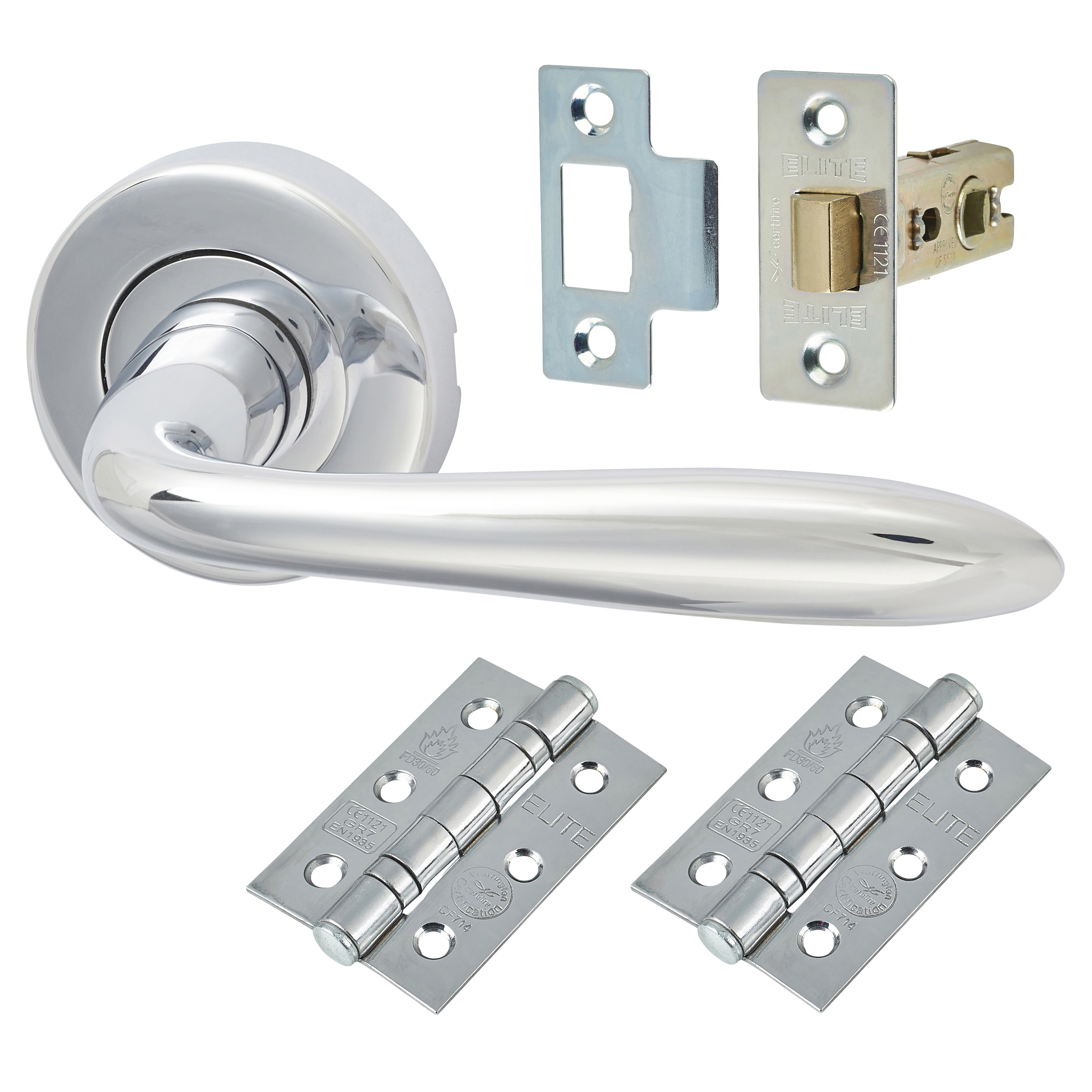 Marcus Polished Chrome Latch Door Handles on Rose Pack - Sutton Range - view 2