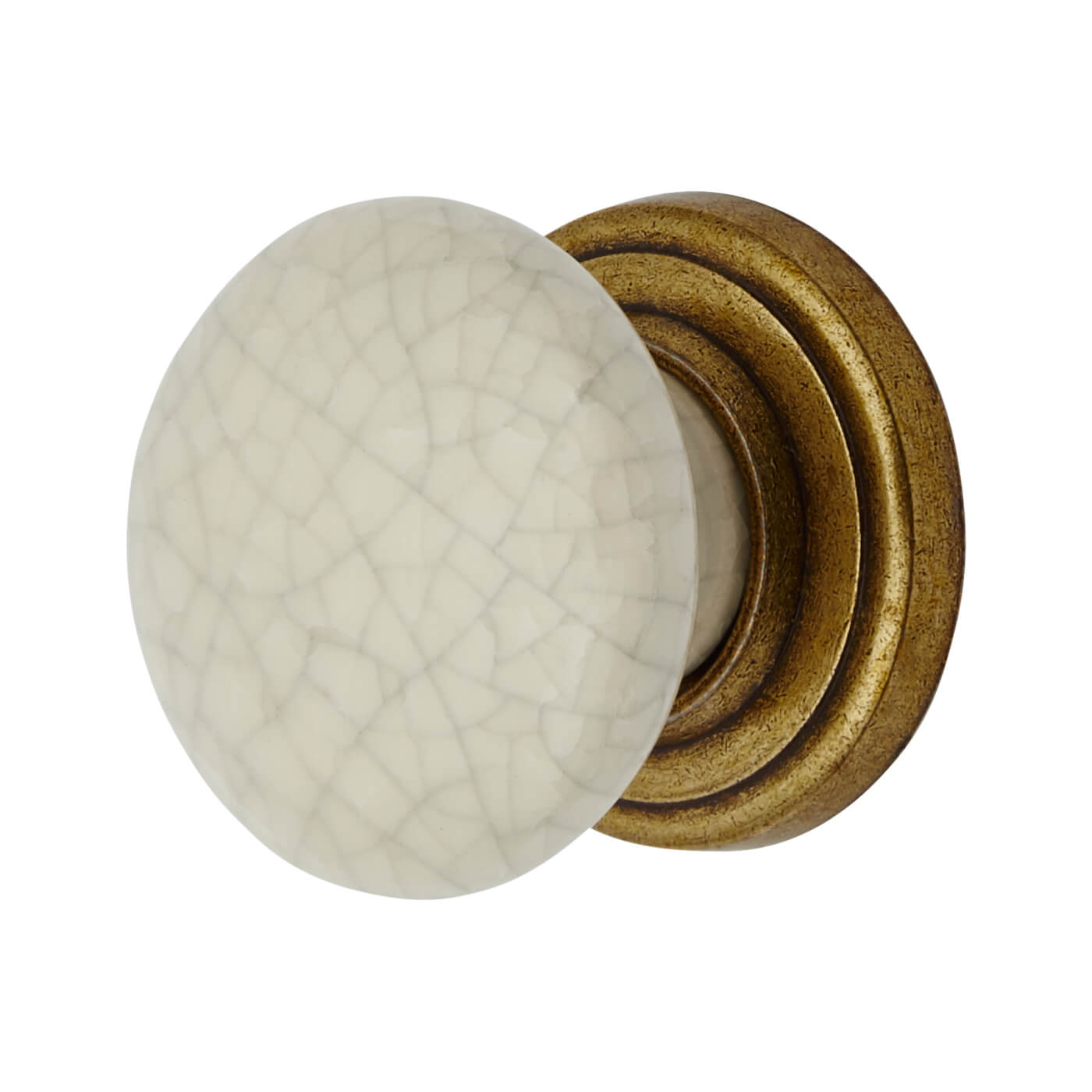 Porcelain Crackle Glaze Round Cabinet Knob - 39mm Diameter - Antique Brass - view 2
